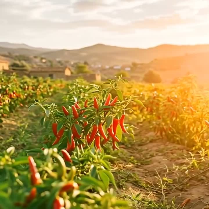 Champ de piments à Skikda au soleil couchant